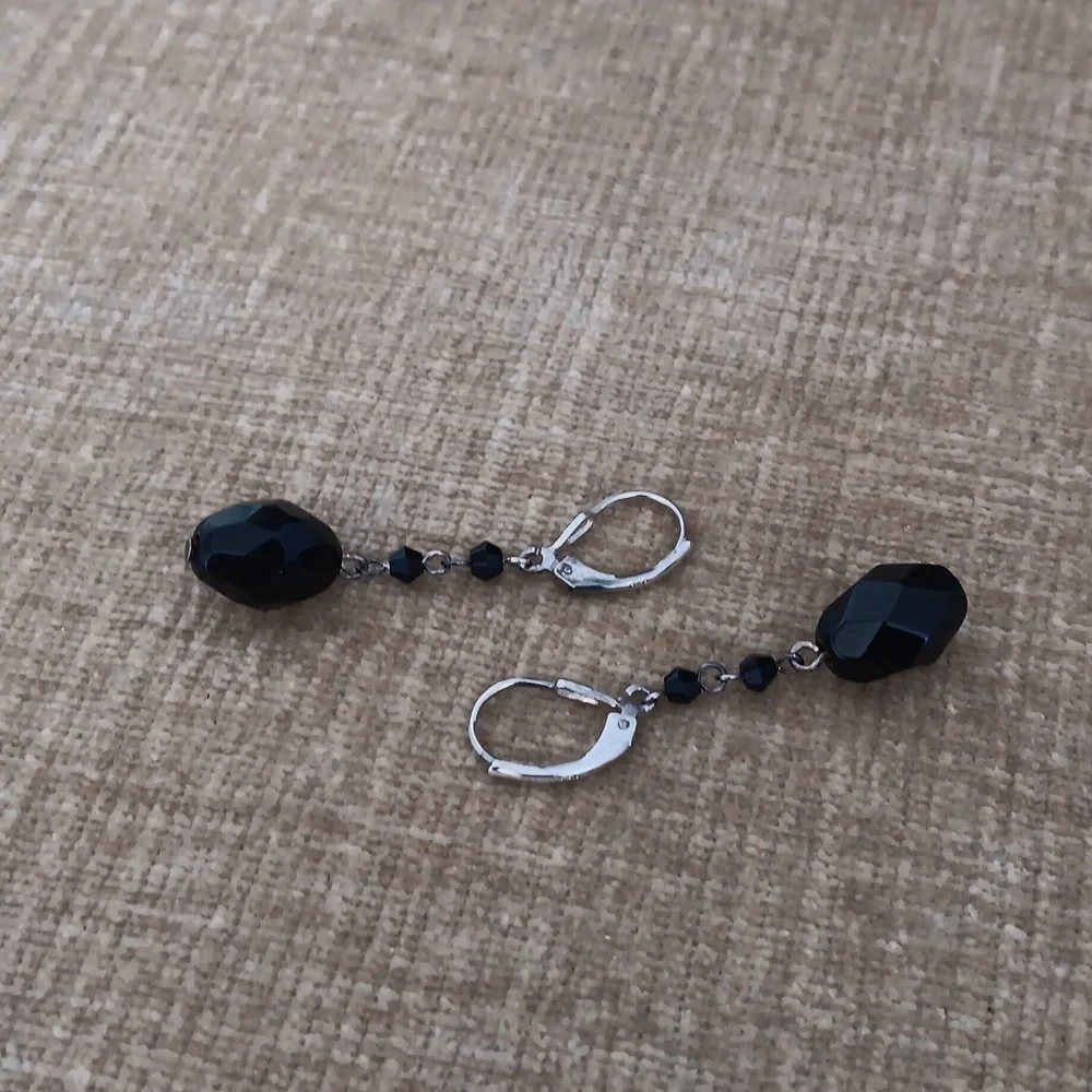Silver Leverback Black Faceted Beaded Earrings